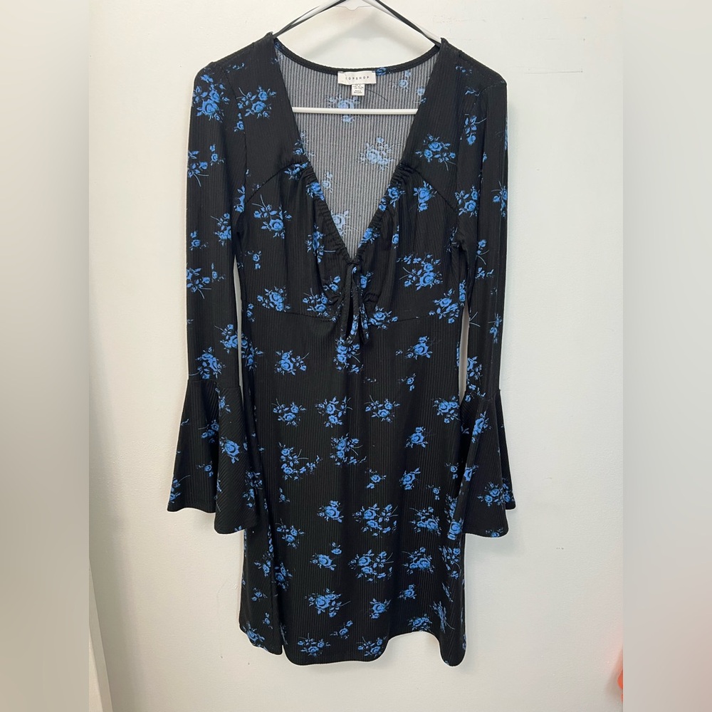 Topshop Black Ribbed Dress- Blue Floral with bell sleeves